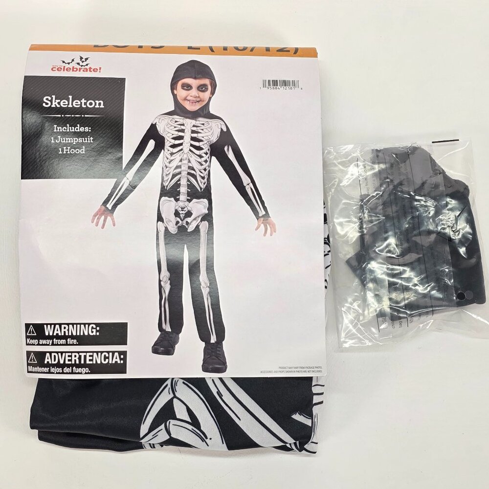 Boys Skeleton Costume Size L 10/12 Black Jumpsuit Hood